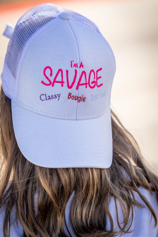 I'm a SAVAGE Glitter Ponytail Trucker Hat