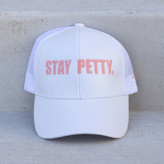 Stay Petty Glitter Ponytail Trucker Hat