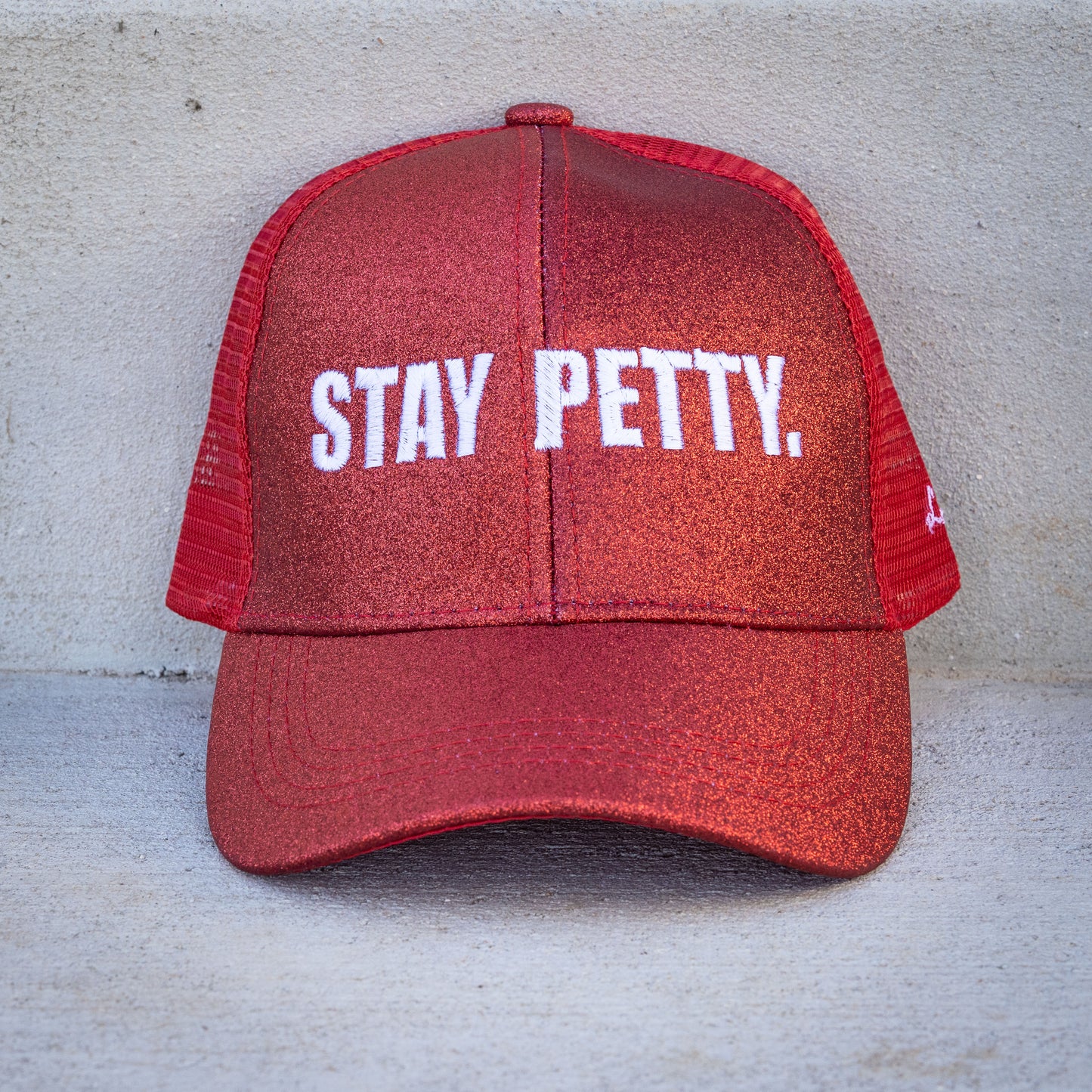 Stay Petty Glitter Ponytail Trucker Hat