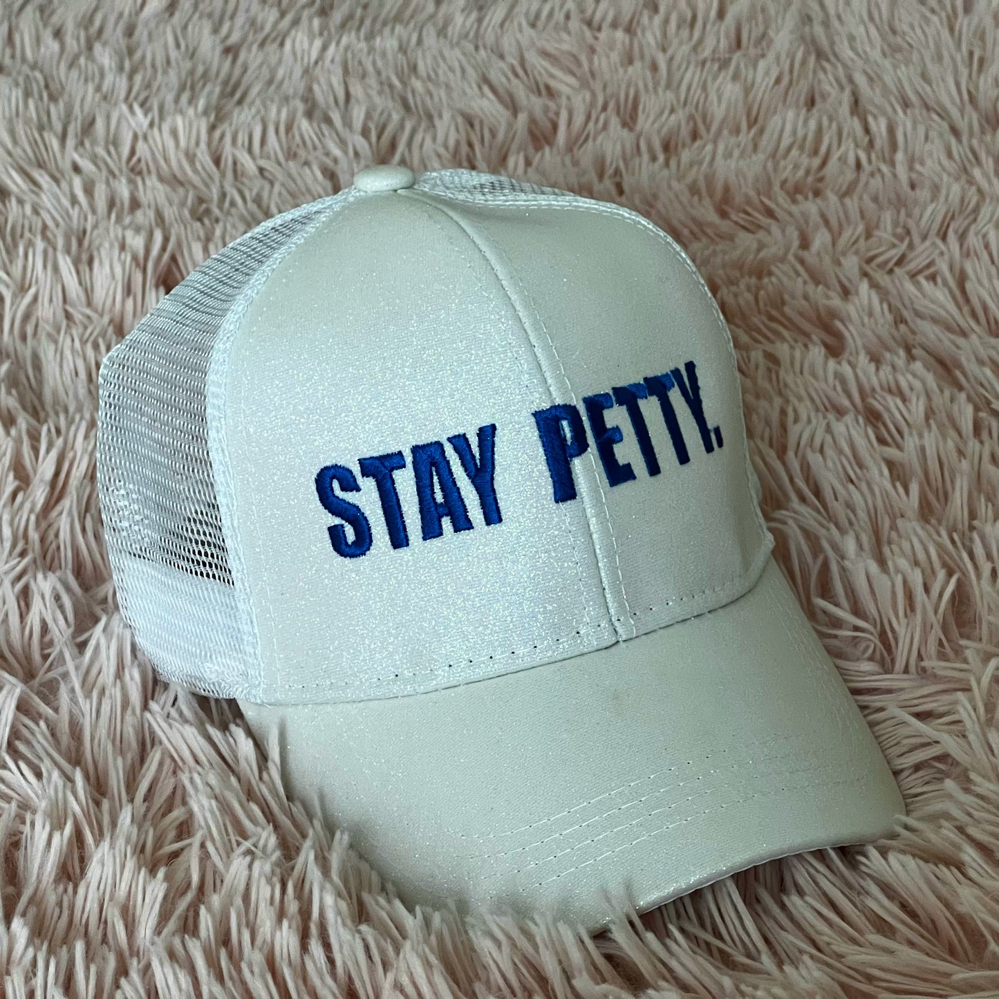 Stay Petty Glitter Ponytail Trucker Hat