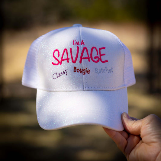 I'm a SAVAGE Glitter Ponytail Trucker Hat